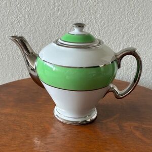 1940s McCormick & Co “Banquet Teas” Balto Teapot with Infuser Green White Silver